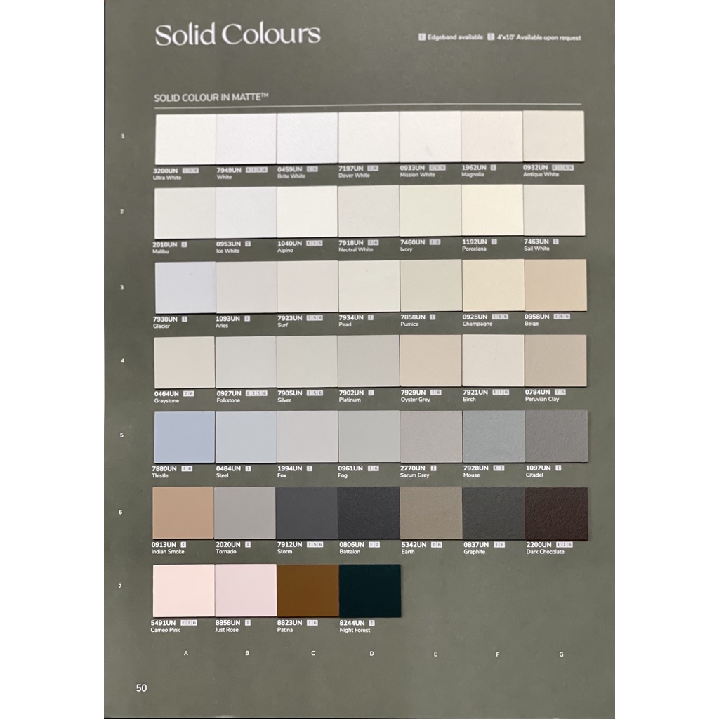 แผ่นลามิเนต Formica สีพื้น Solid Colors โทนขาว-เบจ-น้ำตาล (Page 50) ขนาด 120 x 240 ซม. หนา 0.8 มม. ค