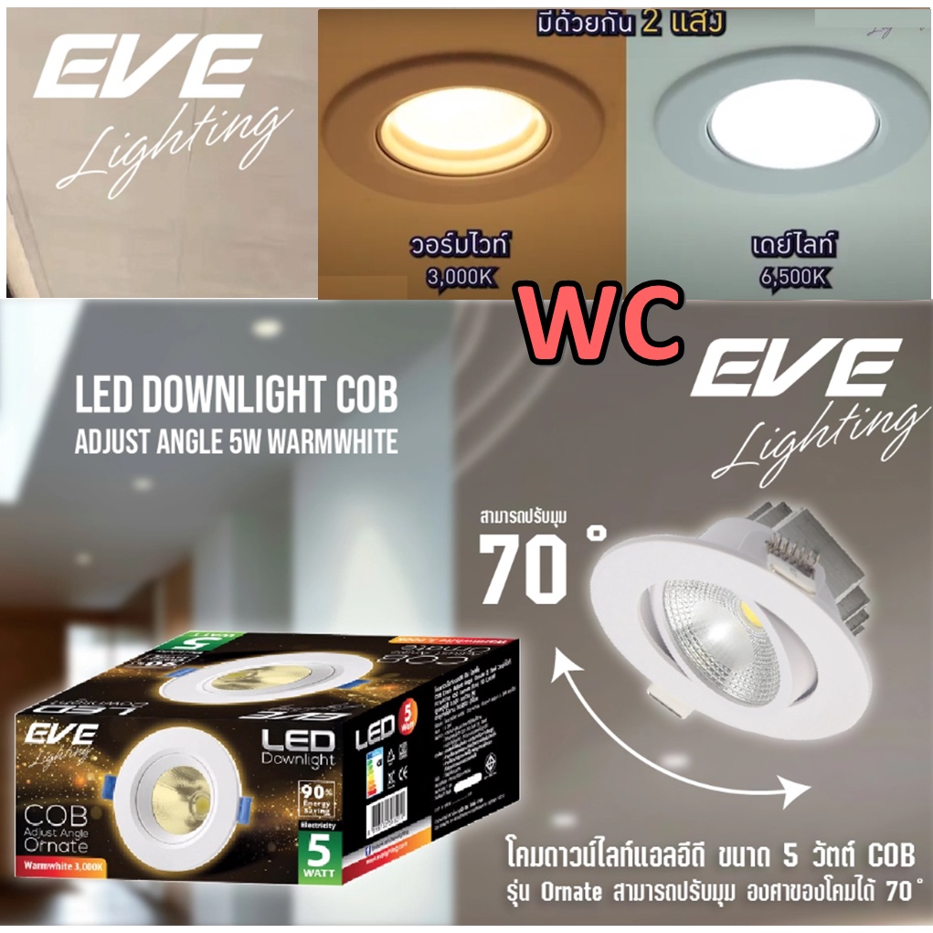 EVE โคมดาวน์ไลท์ฮาโลเจน LED ปรับองศาได้ Downlight COB Ornate หน้ากลม ขนาด 5W (Daylight/Warmwhite)