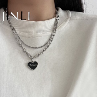 JINLI Fashion Womem Jewelry Simple Alloy Silver Heart Pendant Double Chain Necklace