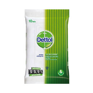 ว๊าว🍟 DETTOL ทิชชูเปียก แอนตี้แบคทีเรีย จำนวน 10 แผ่น สีเขียว Wet Wipes