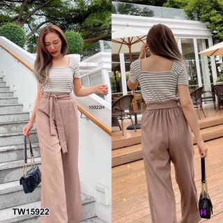 TW15922 Set 2 ชิ้น เสื้อยืดคอเหลี่ยมแขนสั้น ผ้าคอตตอนลายริ้ว + กางเกงขายาว เอวยืดหลัง ผ้าซาร่า + สายผูกเอว