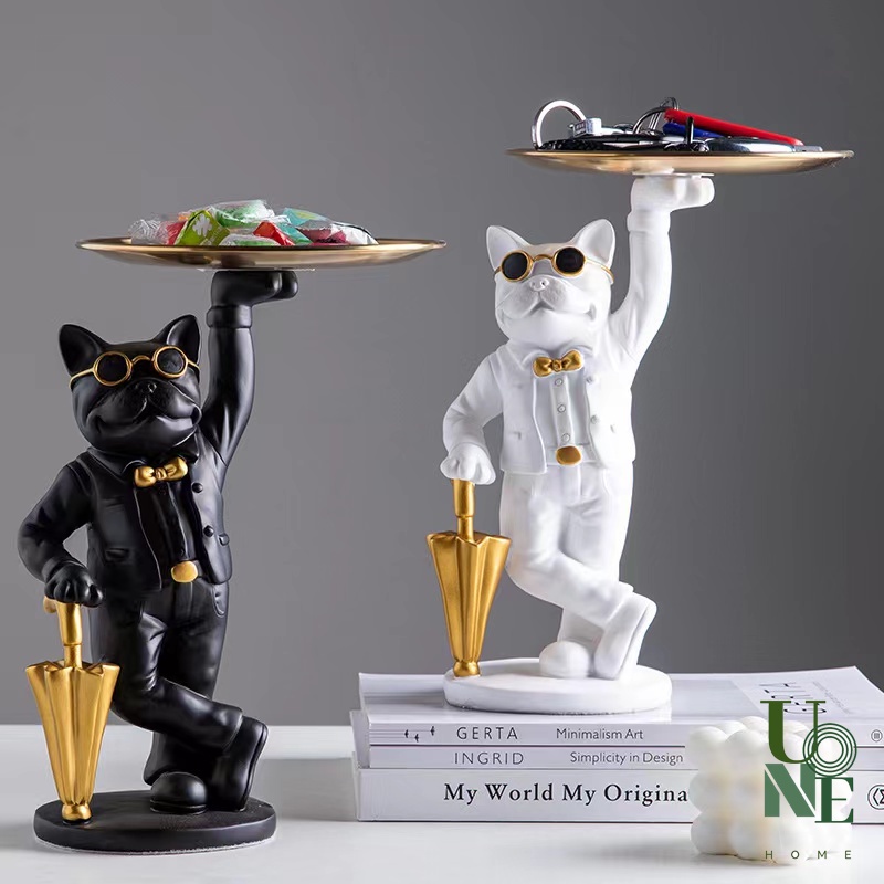 UoneHome พร้อมส่ง H078 ของแต่งบ้าน สไตล์นอร์ดิก รูปปั้นเรซินบลูด็อกถือร่ม ถาดวางของสีทอง ตกแต่งห้องนั่งเล่น/สำนักงาน