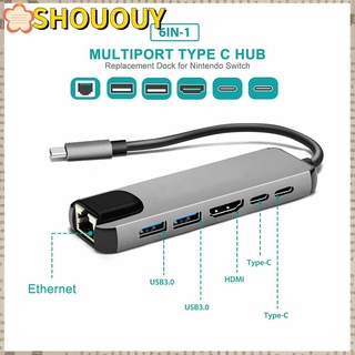 SHOUHOU 6 In 1 อะแดปเตอร์ชาร์จ Usb 3.1 Type-C Hub Rj45 Gigabit Ethernet 4K Hdmi Pd อะลูมิเนียมหลายพอร์ตสําหรับชาร์จ Usb-C