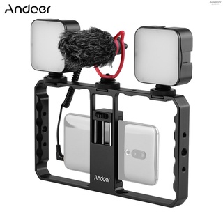 Andoer สมาร์ทโฟนวิดีโอ Rig Grip พร้อม Rig Dual ไฟ LED ไมโครโฟนพร้อมช็อตเมาท์ สําหรับ Vlog ฟิล์มทําเข้ากันได้กับ iPhone Samsung HUAWEI