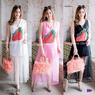 Maxi Dress #สาวอวบ เดรสยาวแขนกุด ทรงเข้ารูปสกรีนลายสตอเบอรี่ MM10343