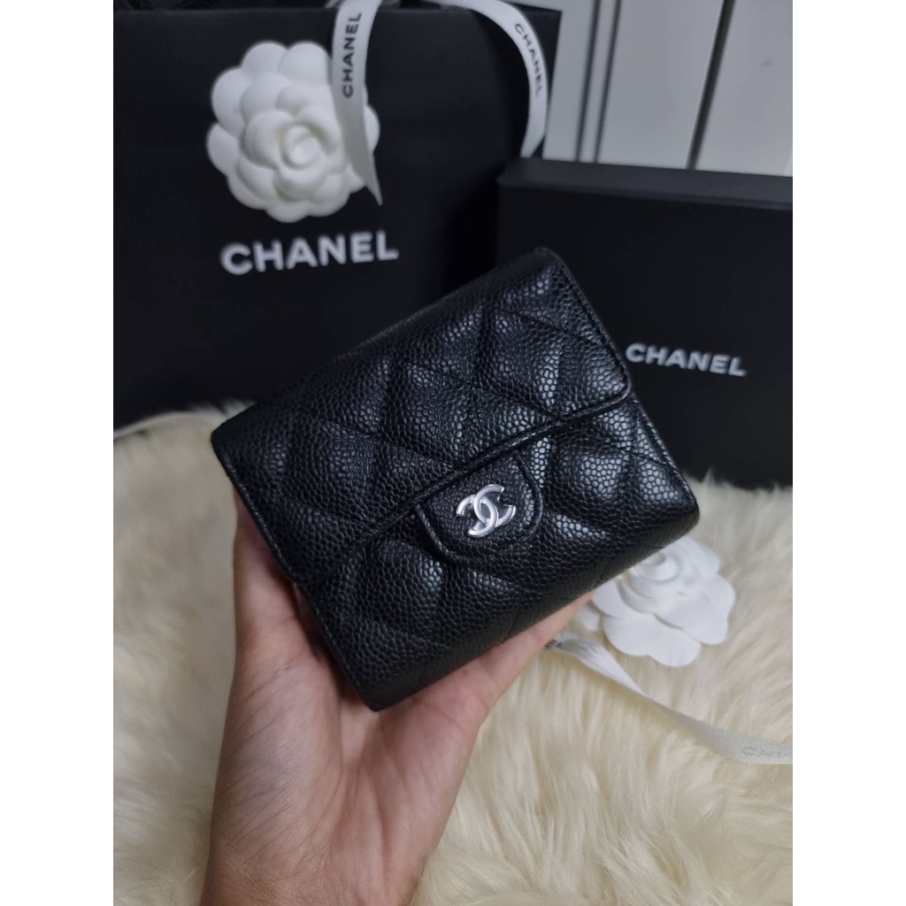 Chanel trifold wallet black cavier