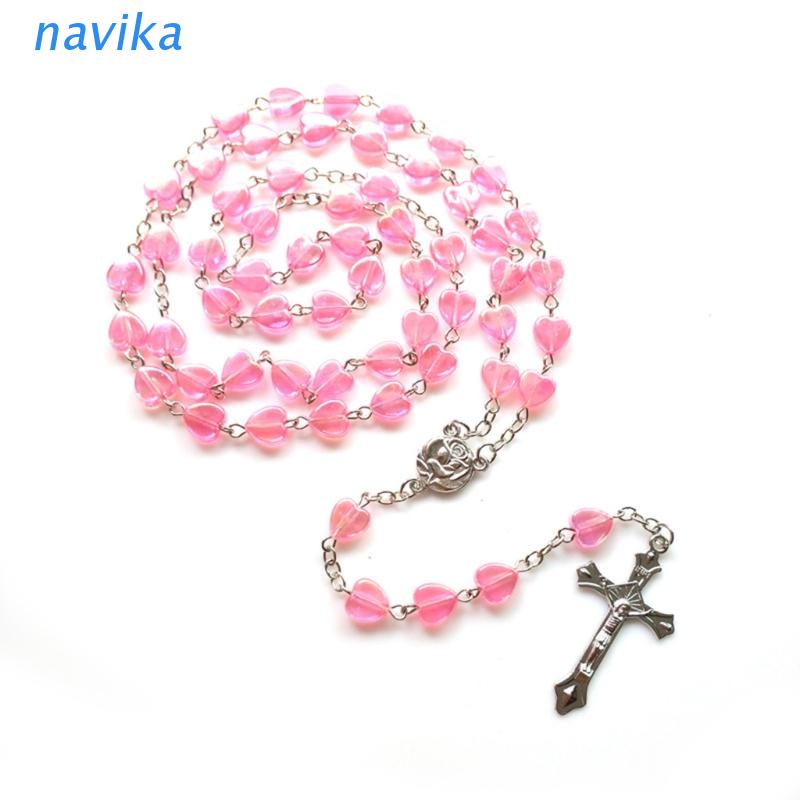 NAV สีชมพูสร้อยคอ Mary Cross เครื่องประดับ Baptism สร้อยคอลูกปัด
