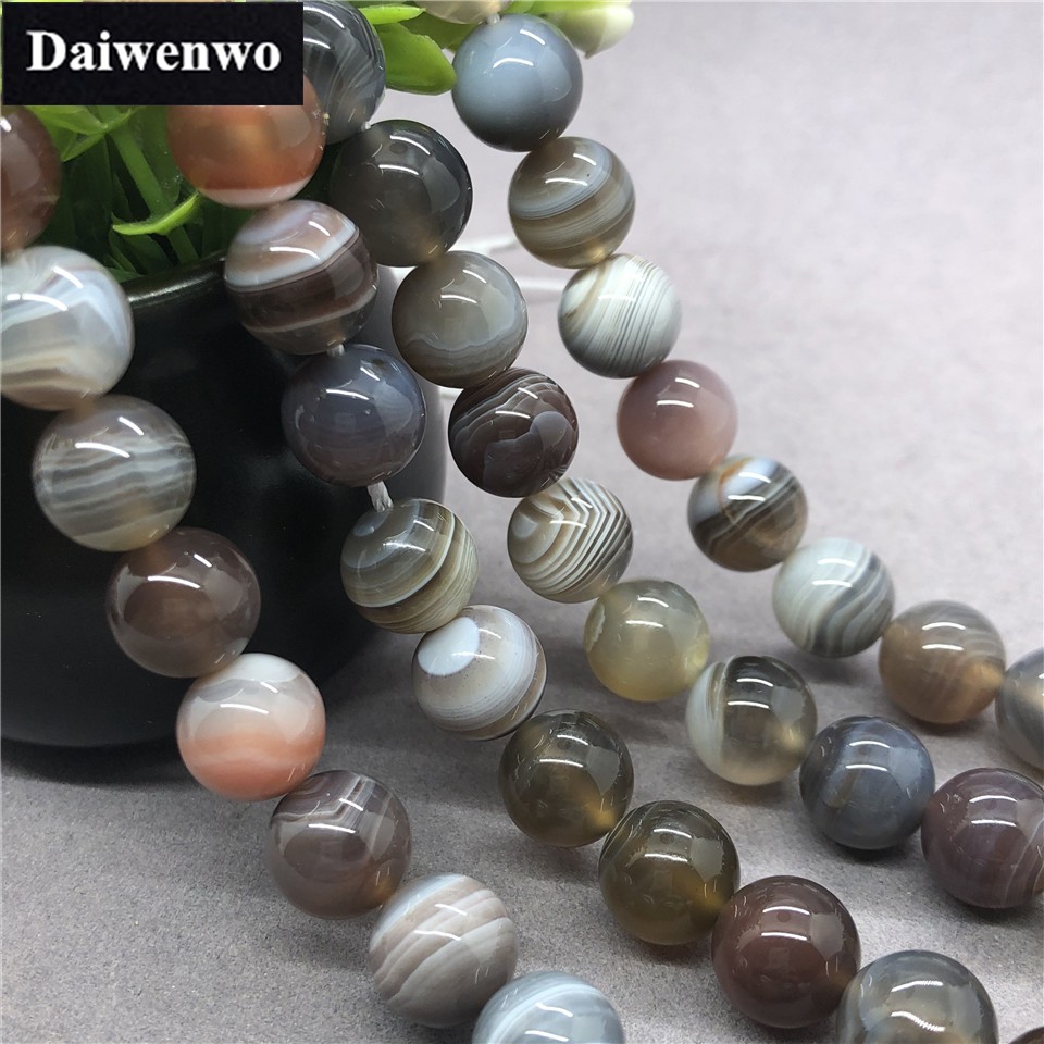 สร้อยข้อมือหินอาเกตและบอทสวานา ขนาด 6-12 มม. ดีไซน์ลายสีเทา งานแฮนดเมดจากหินธรรมชาติ