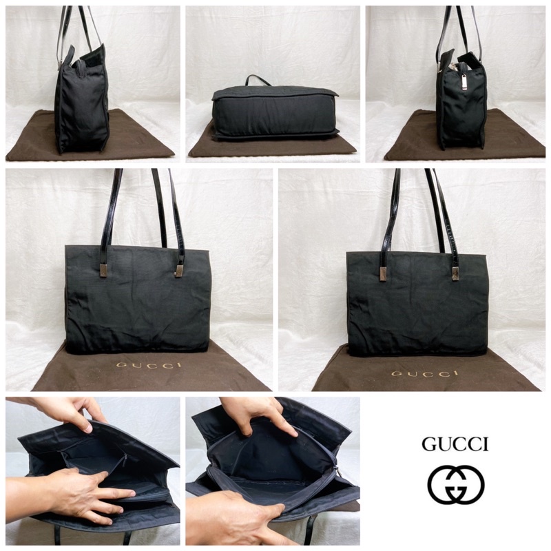 : GUCCI Tote Bag Black Canvas Enamel แท้%