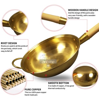 ▬☈Fypo 100% Pure Copper Wok Pan Copper Pot Thickened Wooden Handle Frying Pan Brass Frying Pan Cookware Cooking Wok Copp