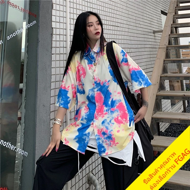 เสื้อเชิ้ตมัดย้อมแขนสั้นผู้หญิง oversize เสื้อผ้าแฟชั่นวินเทจ สไตล์เกาหลี เสื้อโอเวอร์ไซส์สีพาสเทล ไซส์ใหญ่ thumbnail 4