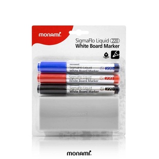 ปากกาไวท์บอร์ด โมนามิ #220 (3 ด้าม + แปรงลบ/แพ๊ค) MONAMI SigmaFlo Liquid WHITE BOARD MARKER