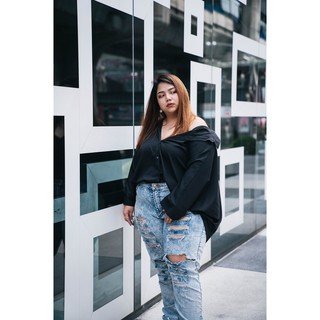เสื้อเชิ้ต Oversize สำหรับสาวไซส์ใหญ่ สีดำ