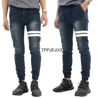 (size28”-44”)Jogger Jeans กางเกงขาจั้มเอวยาง มีเชือก ยีนส์แต่งแถบขาว ทรงสลิมสวย