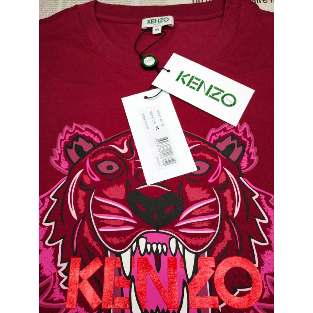 Kenzo 19 เสื้อยืดพิมพ์ลายหัวเสือสีไวน์แดง ThaiPick