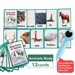 12Pcs Animals Body Parts Cognitive Flash Card English Card Smart Reading Pen