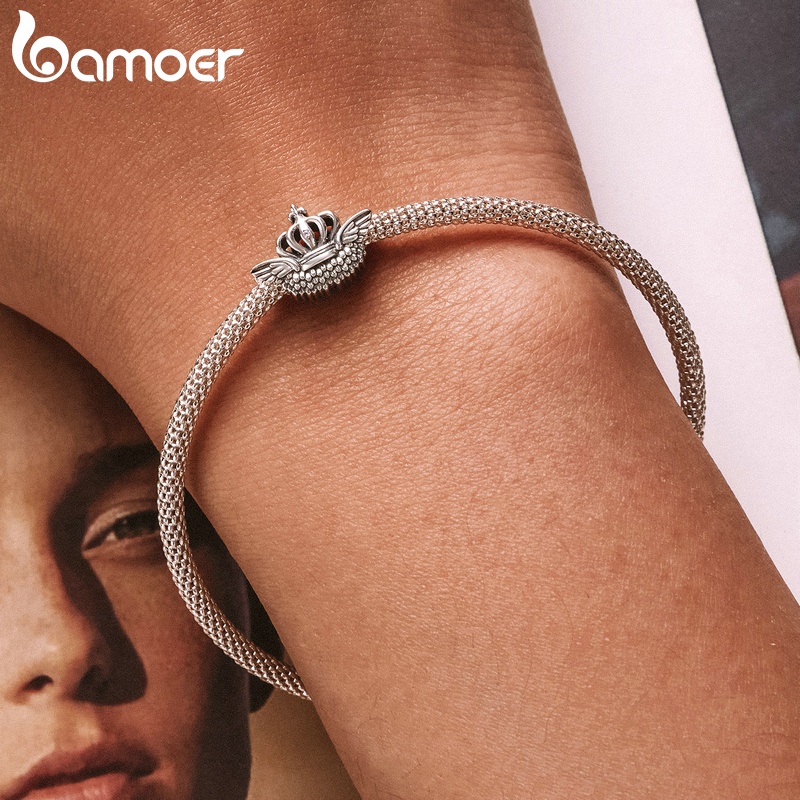 Bamoer สร้อยข้อมือเงิน 925 จี้มงกุฎ และพัด ประดับลูกปัดหัวใจ เครื่องประดับแฟชั่น สไตล์เจ้าหญิง
