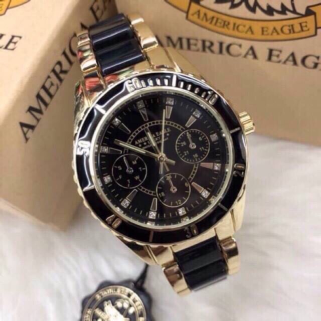 นาฬิกาAmerica eagle สายเลสทองสลับข้ออคิลิคดำ