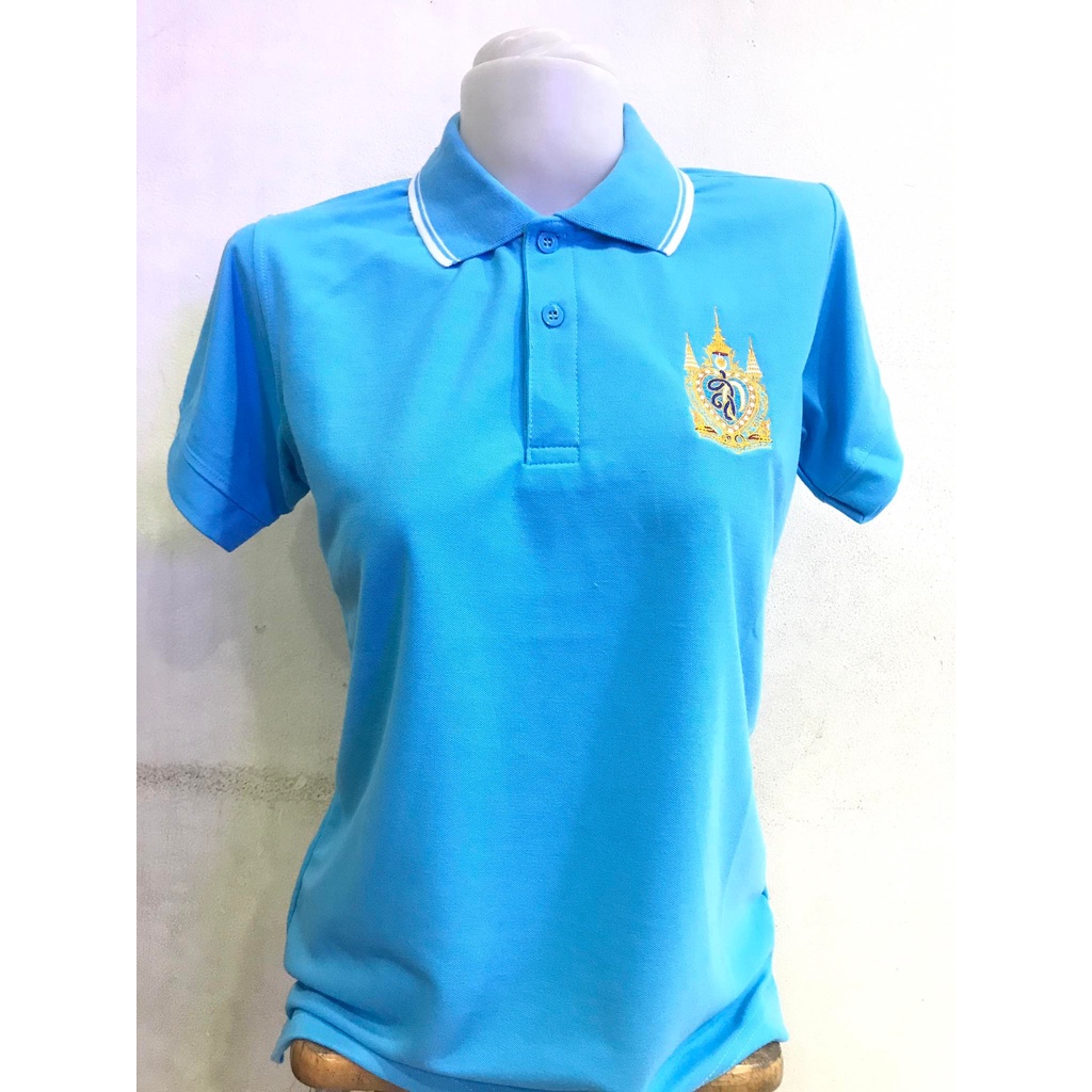 *มาใหม่ *เสื้อโปโลผู้หญิง สีฟ้าปักตราสัญญาลักษณ์ สก.90 พรรษา ผ้าทีเคไมโค