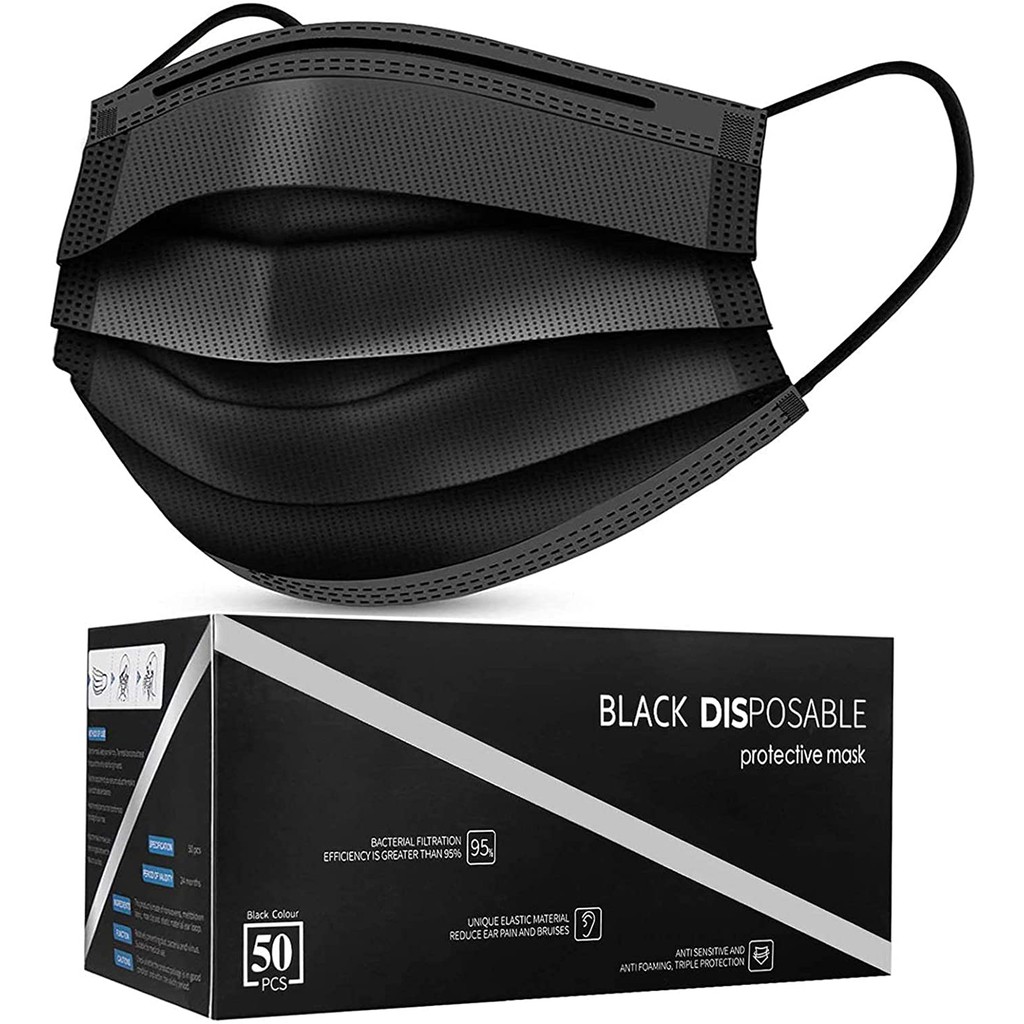 Plain 3 Layers 1Box 50Pcs Women Custom Earloop 4Ply All Black Surgical