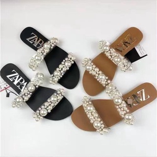 Zara รองเท้าแตะ ส้นแบน ฝังไข่มุก สีใส สไตล์ใหม่