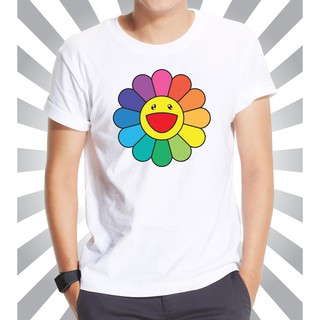 เสื้อยืดผู้ชาย ลายดอกไม้ มุราคามิ ดอกไม้สีรุ้ง Murakami Flower Rainbow เสื้อยืดแฟชั่น เสื้อยืดคอกลมแขนสั้น สีขาว