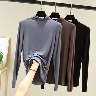 เสื้อยืดสีขาว Modal ครึ่ง-คอเต่าแขนยาวเสื้อฤดูใบไม้ร่วงผู้หญิงด้านในขนาดใหญ่หลวมบางเสื้อยืด All-Match Slimming TOP