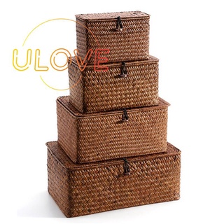 Woven Straw Storage Bins with Lid - Set of 4 - Rectangular Seagrass Basket/Storage Basket for Shelf Organizer