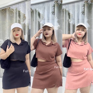 F0068 Set เสื้อครอปคอปกแขนสั้น แมชกันกระโปรงผ่าข้าง plussize สาวอวบ