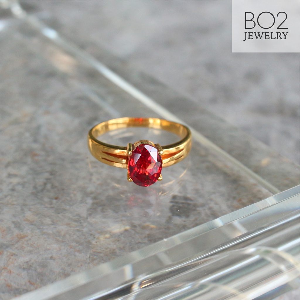 แหวนทองแท้ หลุดจำนำ size 56 แหวนพลอยแดงอมส้ม ตัวเรือนเกาะหนามเตย ทองคำแท้ 18k