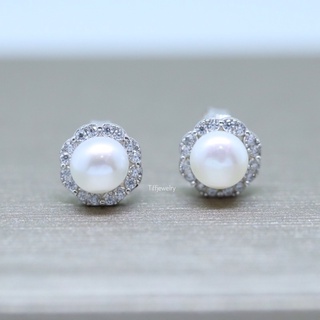 Tiffjewelry ต่างหูมุกแท้(Fresh water Pearl) เงินแท้ชุบทองคำขาว