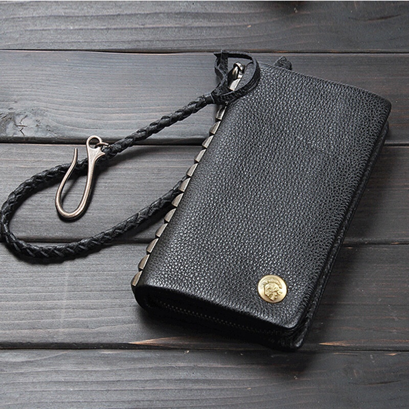 MUNUKI Retro Fashion Rivet Chain Leather Wallet for men Long Style Male Purse with zipper Round Mone