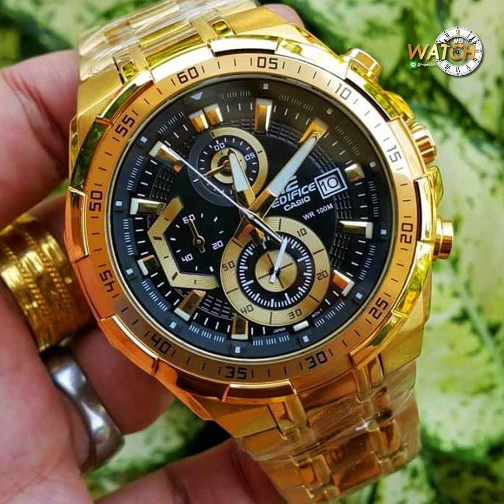 นาฬิกาข้อมือผู้ชาย Casio Edifice รับประกัน 1 ปี ตัวเรือนสีทอง หน้าปัดดำ Chronograph ใช้ได้ทุกเข็ม Mgwatch