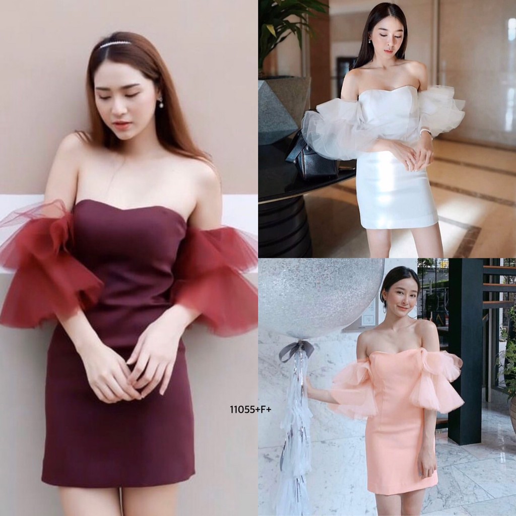 TwinsShopVip พร้อมส่ง TW11055 เดรสเกาะอกแขนมุ้ง