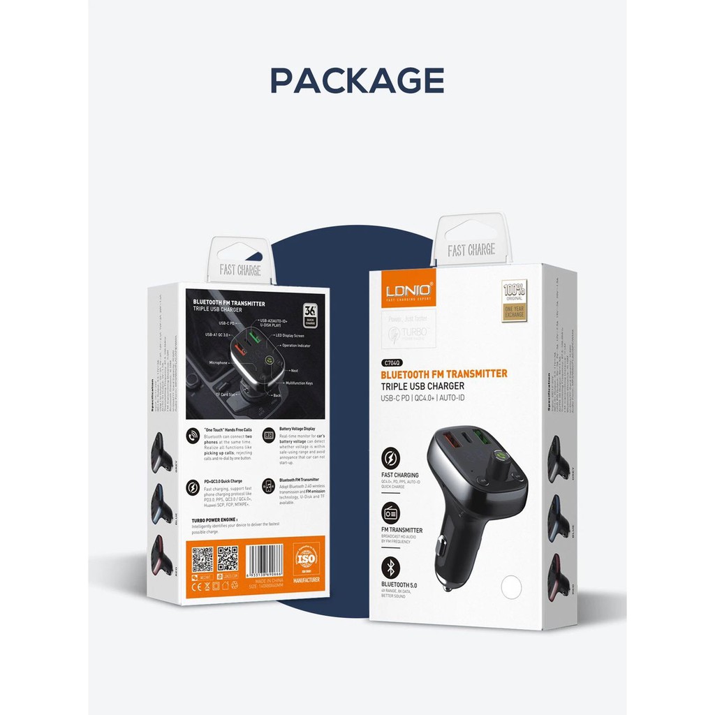 LDNIO Wireless Bluetooth FM Car Charger With Microphone 36W เครื่องเล่นเพลง USB C PD/QC4.0+/AUTO ID 