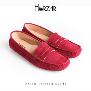 ส่งฟรี!! Horzar รองเท้าหนังแกะ ส้นแบน ทรง Driving Shoe รุ่น Devon Driving สี Burgundy Suede Lambskin Moccasins Loafers
