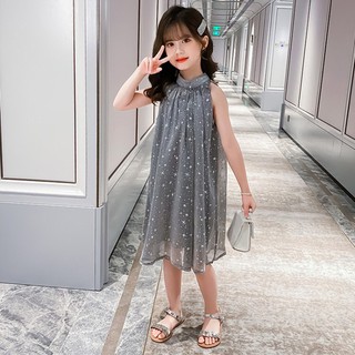 ชุดเดรสเด็กผู้หญิงสีเทาคอตั้ง แต่งลายดาว (พร้อมส่งในไทย)