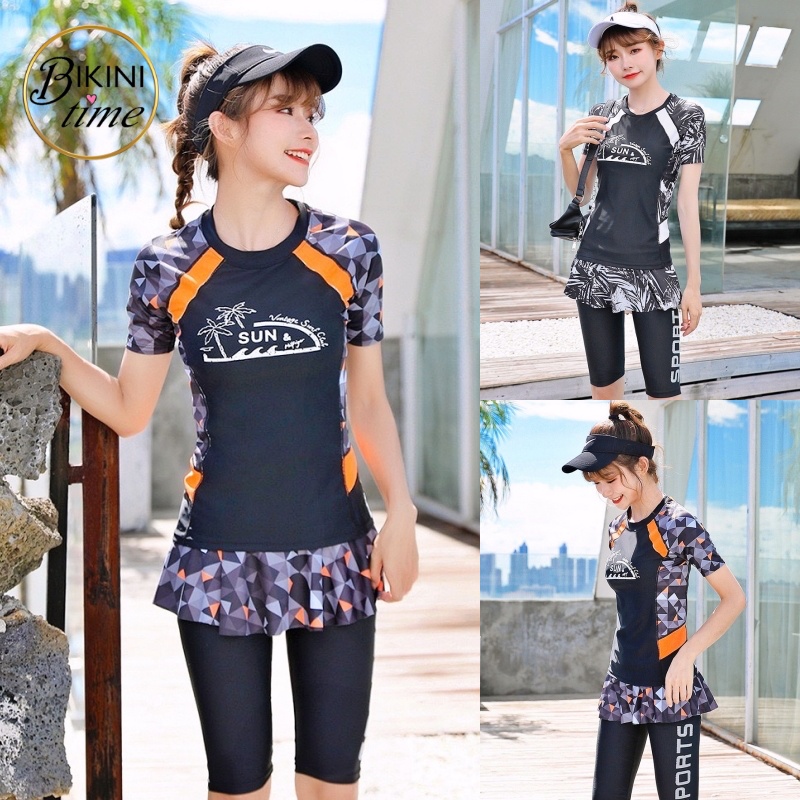 BikiniTime (M-4XL) SB193 มี2สี ชุดว่ายน้ำ ชุดดำน้ำ กางเกงกระโปรงสามส่วน บรามีฟองน้ำเสริม ชุดดำน้ำ เที่ยวทะเล