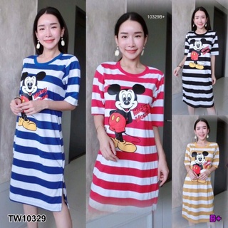 👗Pfashion [ส่งไว!!🚛] P10329 เดรสลายริ้วคอกลมแขนสั้นสกรีน Mickey Mouse Round neck short sleeve striped dress wi