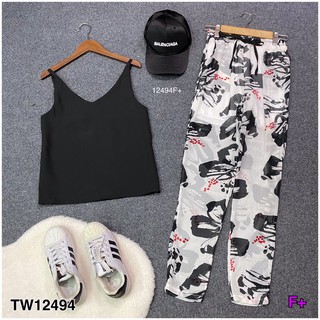 TW12494 Set เสื้อสายเดี่ยว+กางเกงขายาวพิมพ์ลายกราฟฟิก