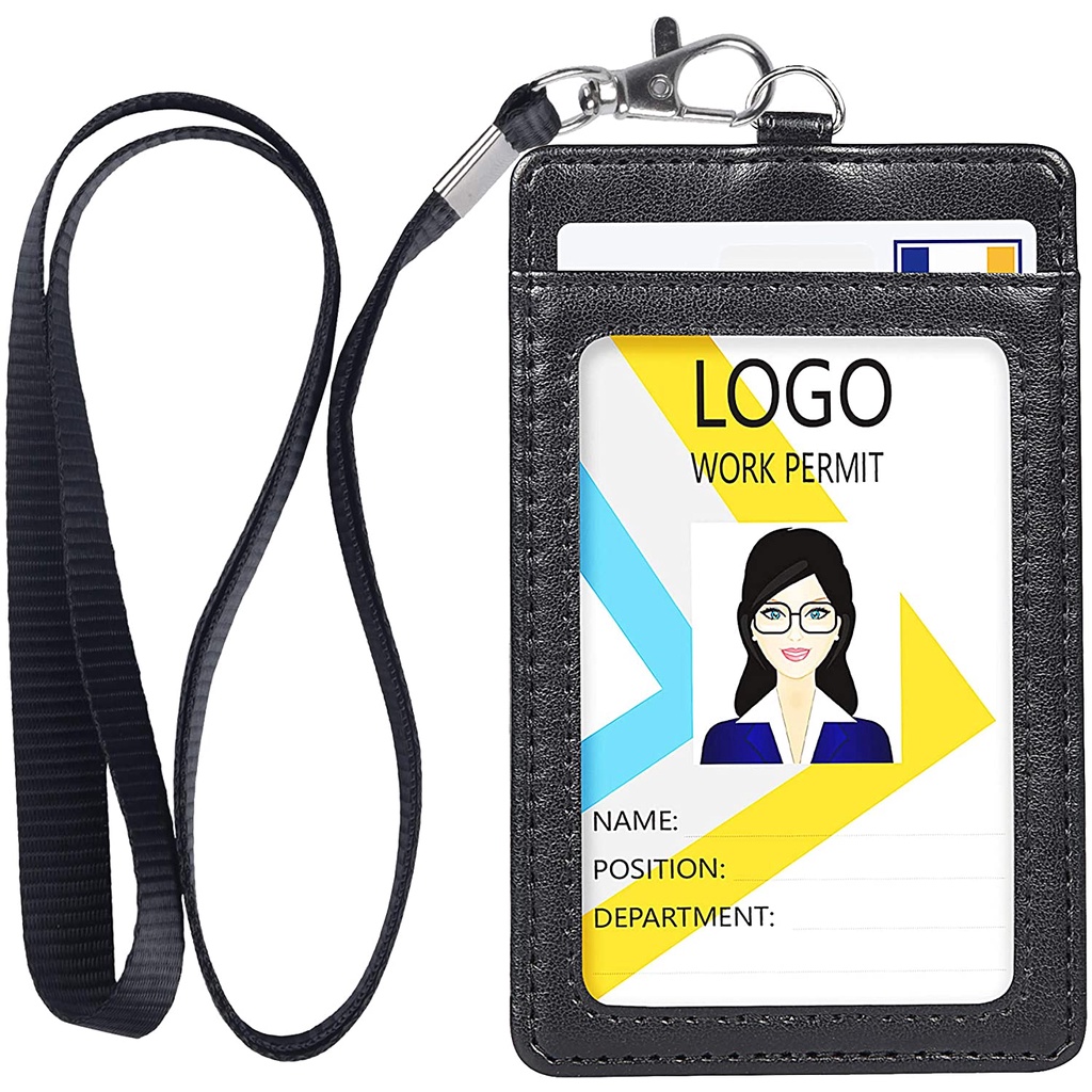 ที่ใส่ป้ายชื่อ หนัง PU แนวตั้ง 1 ชิ้น พร้อมหน้าต่าง ID 1 ชิ้น และช่องใส่บัตรเครดิต 1 ชิ้น และสายคล้องคอ ถอดออกได้ (สีดํา)