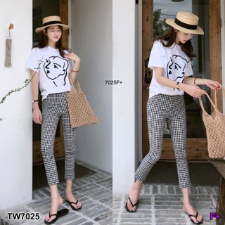 TW7025 Set 2 ชิ้น เสื้อยืดสกรีนหน้าอก+กางเกงขายาวลายสก็อต