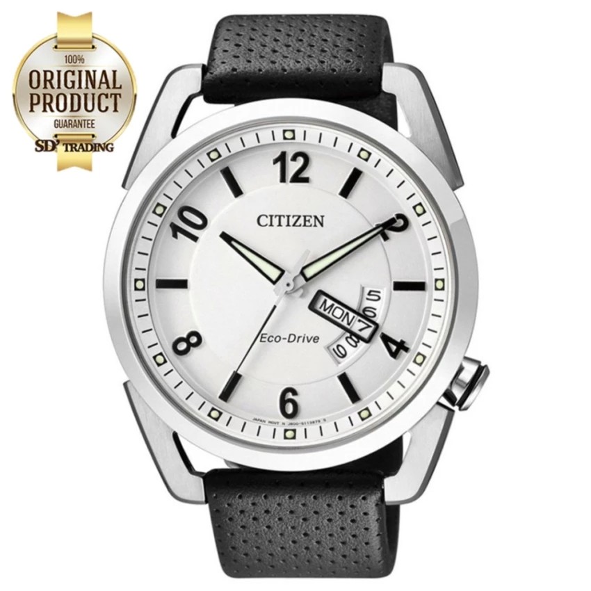 CITIZEN นาฬิกาข้อมือผู้ชาย Eco-Drive พลังงานแสง รุ่น AW0010-01A - Silver/White สายหนังแท้ สีดำ