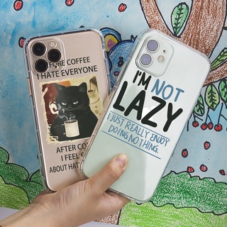 coffee Cat IM Not LAZY 13Promax Transparent Square TPU case for Iphone 11/12/12pro/11Promax/Xs/Xr/XSmax/6splus/7plus/8plus cartoon Cover