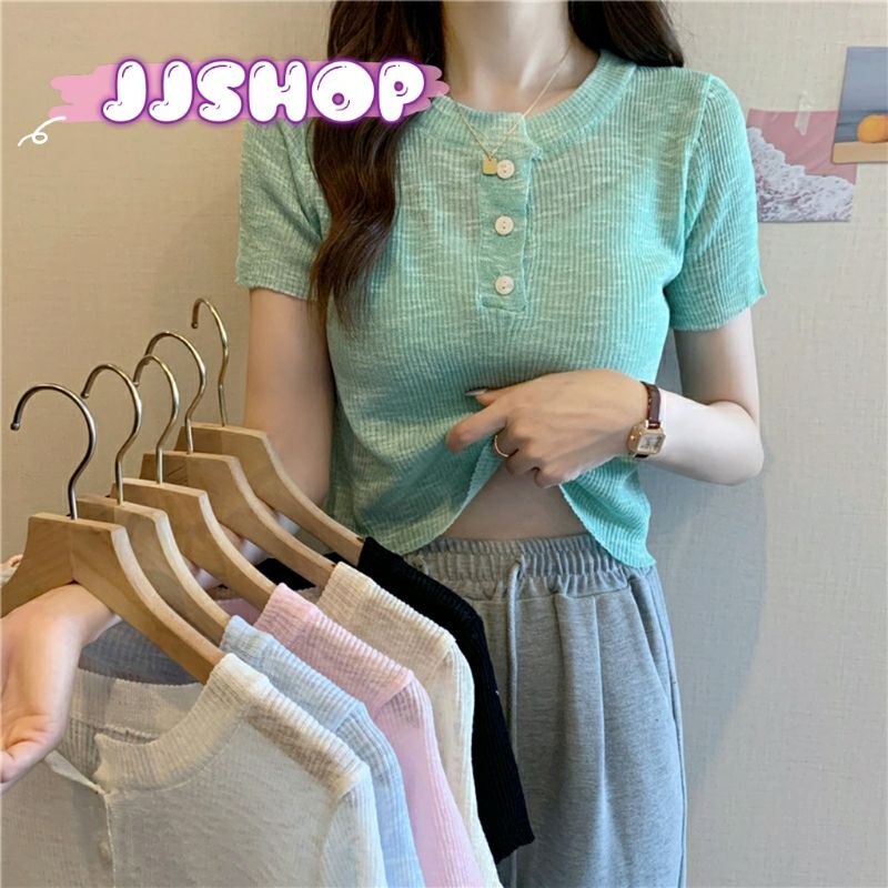 JJ Shop​ ​พร้อมส่ง เสื้อไหมพรมคอกลม แขนสั้น กระดุมหน้าผ้าบางใส่สบายน่ารัก "95026"