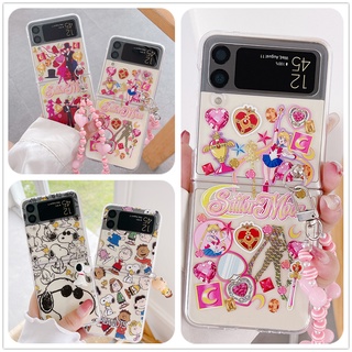 เคสโทรศัพท์มือถือ พลาสติกแข็ง ใส กันกระแทก ลายการ์ตูนเซเลอร์มูน สนูปปี้ พร้อมสร้อยข้อมือ สําหรับ Samsung Galaxy Z Flip 3 4 5G Z Flip 3 4