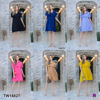 CS14827 Dress #สาวอวบ เดรสสั้น คอปก กระดุมหน้า