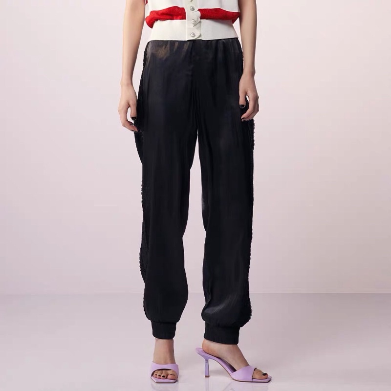 UOOYAA กางเกงผ้าไหมเงาประดับพลอยเทียม