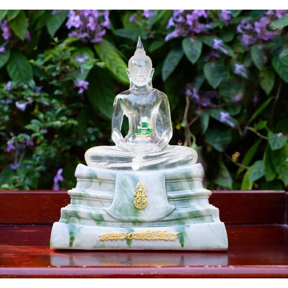 หลวงพ่อโสธร เนื้อแก้วใสด้านในบรรจุองค์พระแก้วมรกต ฐานสีลายหินอ่อน หน้าตัก 5 นิ้วสูง 25 cm พุทธาภิเษกจากวัด229