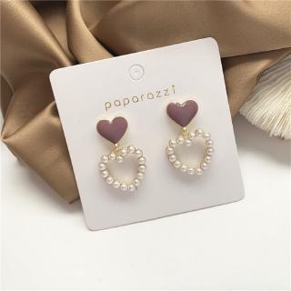 Hollow love pearl earring temperament drop oil peach heart earnail earclip